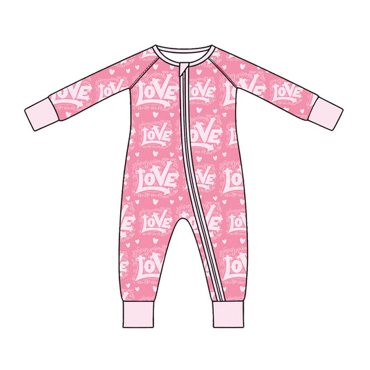 Preorder (moq 5) Baby Girl Clothes Valentine Sweetheart Word Heart Mixed Print Long Sleeve Zipper Romper
