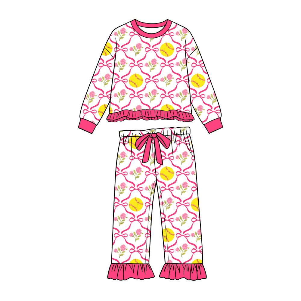 Preorder (moq 5) Baby Girl Clothes Softball Rose Bow Print Long Sleeve Ruffle Top Pant Outfit Set