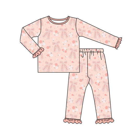 Preorder (moq 5)Baby Girls Pink Bows Flowers Top Ruffle Pant Pajamas Set