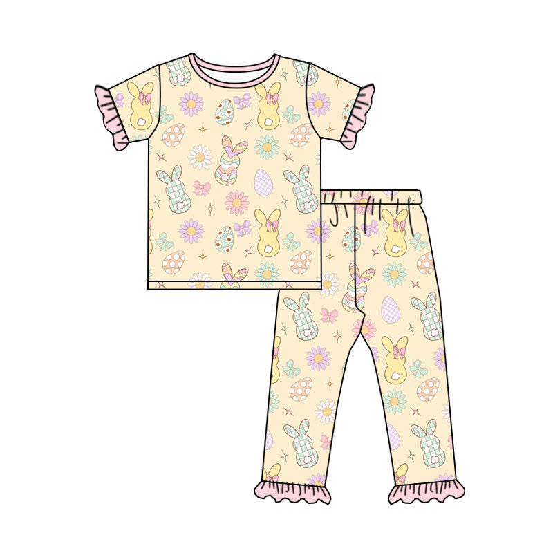 Pre-order(moq5) Baby Girls’ Easter Bunny Floral Bow Short-Sleeve Top & Elastic-Waist Pants Set