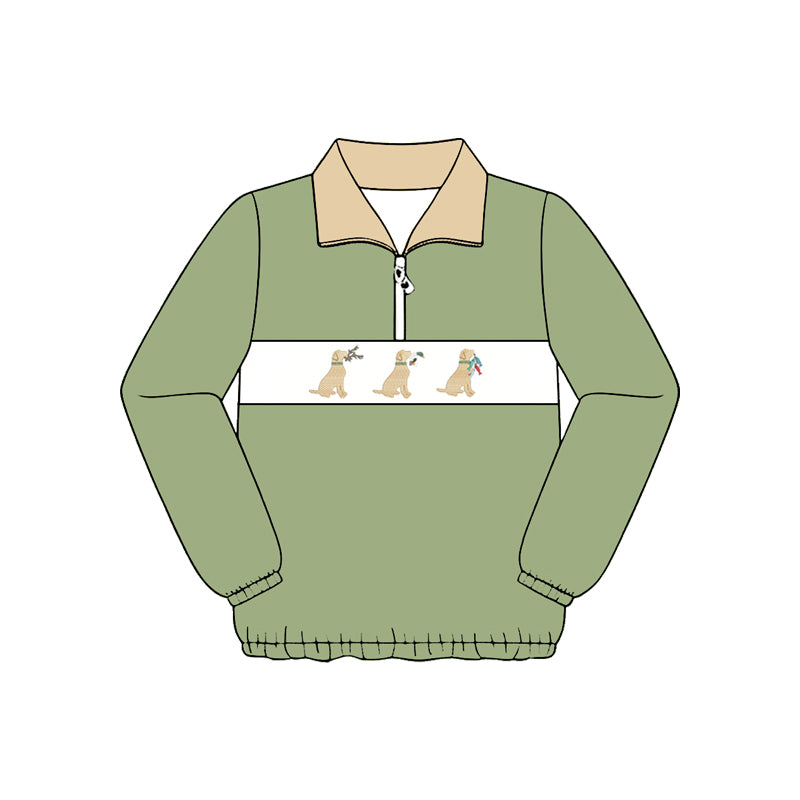 Preorder (moq 5)Baby Boys Green Long Sleeve Dogs Ducks Hunting Zip Pullovers Top
