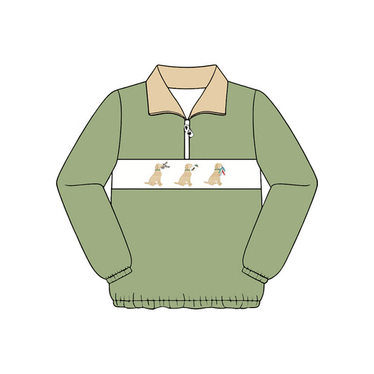 Preorder (moq 5)Baby Boys Green Long Sleeve Dogs Ducks Hunting Zip Pullovers Top