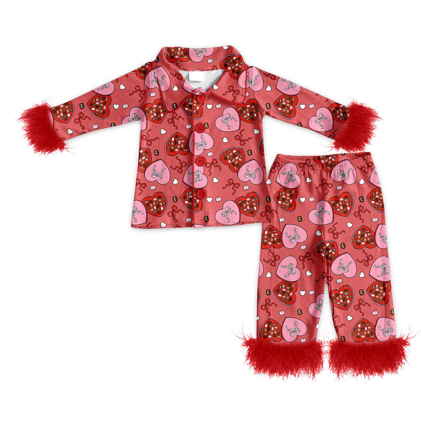 Preorder (moq 5)Baby Girls Bows Hearts Button Top Pants Valentines Fur Sleeve Pajamas Sets