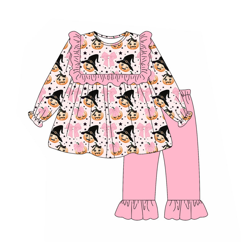 Preorder (moq 5)Baby Girls Long Sleeves Pink Bows Ghosts Pumpkins Tunic Ruffle Pant Set