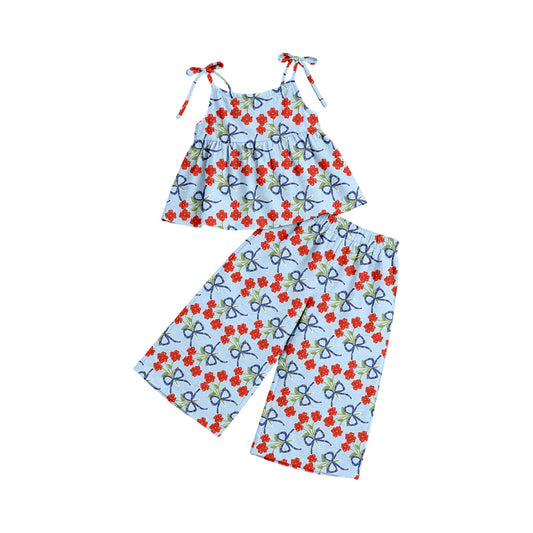 Preorder (moq 5)Baby Girls Strap Colorful Flowers Bows Tunic Flare Pants Clothes Sets