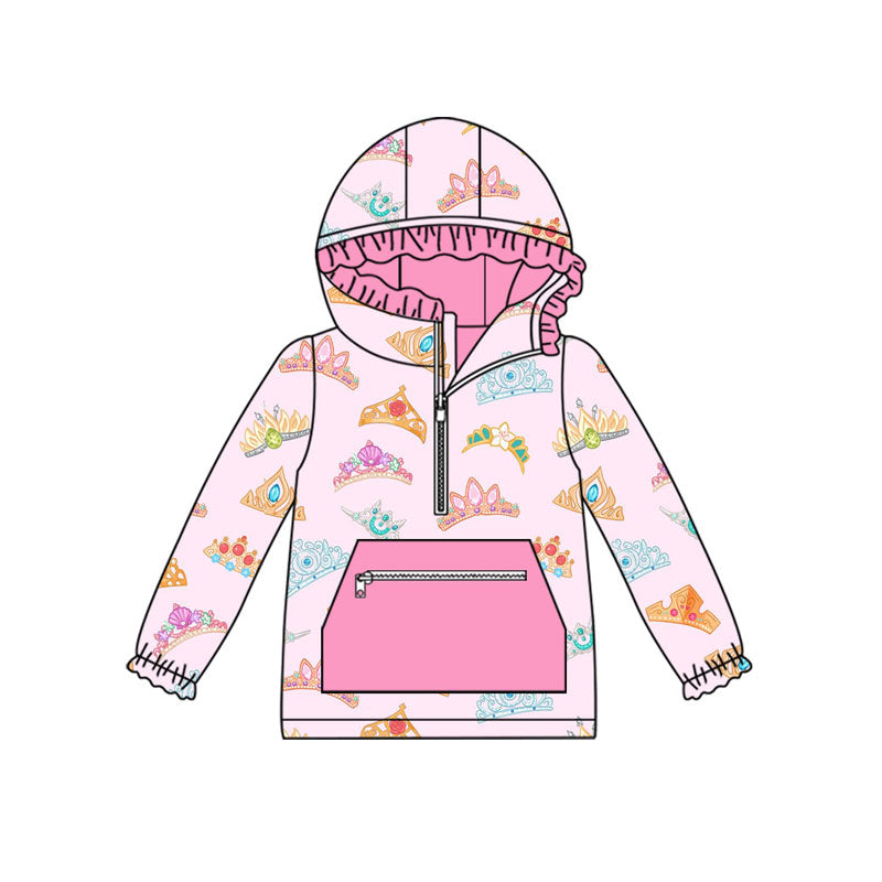 Preorder (moq 5)Baby Girls Colorful Crowns Pocket Zipper Ruffle Hoodies Top