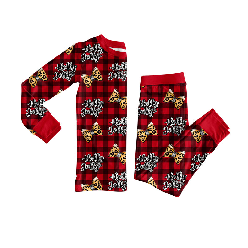 Preorder (moq 5)Baby Girls Long Sleeves Red Plaid Leopard Bows Top Pants Pajamas Set