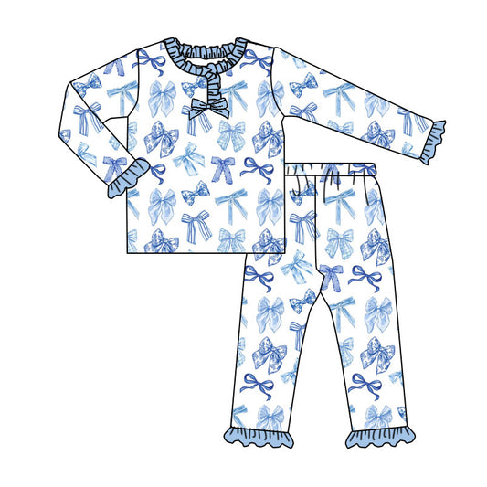 Preorder (moq 5)Baby Girls Blue Bows Long Ruffle Sleeves Pants Pajamas Sets