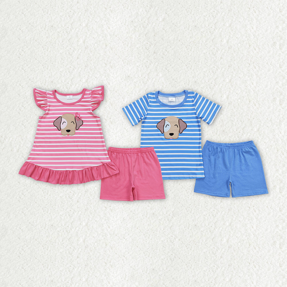 Sibling Baby Boys Girls Stripes Embroidery Dogs Summer Clothes Sets