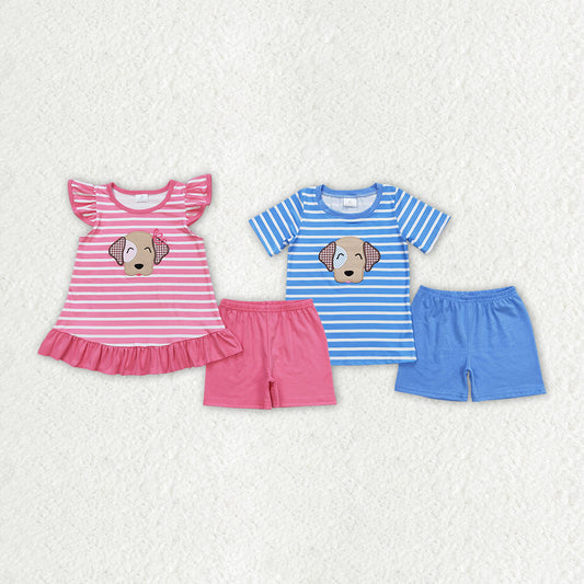 Sibling Baby Boys Girls Stripes Embroidery Dogs Summer Clothes Sets