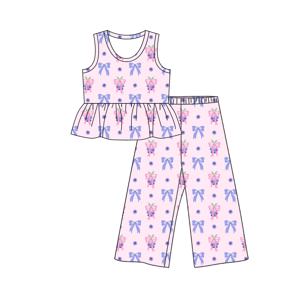 Preorder (moq 5)Baby Girls Bows Blueberry Tunic Flare Pant Clothes Sets