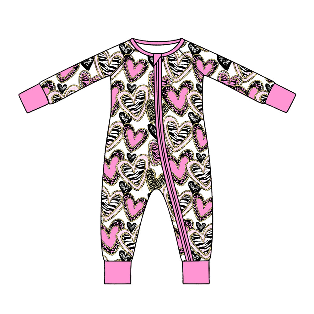 Preorder (moq 5) Baby Girl Clothes Valentine Leopard Zebra Glitter Heart Print Long Sleeve Zipper Romper