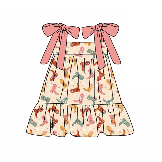 Preorder (moq 5)Baby Girls Pink Strap Colorful Boots Knee Length Dresses