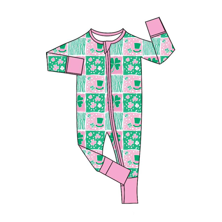 Preorder (moq 5) Baby Girl Clothes St Patricks Day Clover Rainbow Checker Print Long Sleeve Zipper Romper