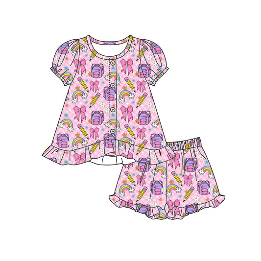 Preorder moq 5 Baby Girls Rainbows Pencils Button Tunic Ruffle Shorts Clothes Set