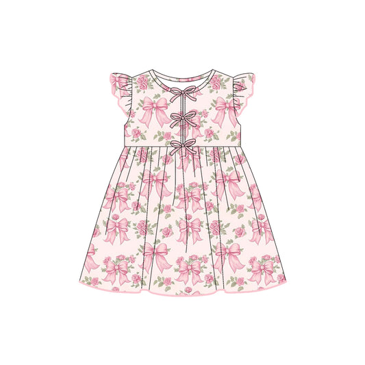 Preorder (moq 5)Baby Girls Flutter Sleeves Pink Bows Flowers Plaid Knee Length Dresses