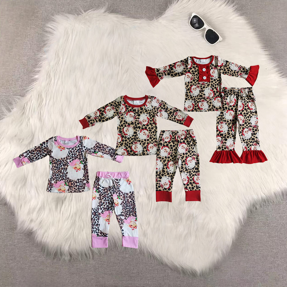 Sibling Baby Kids Christmas Santa Leopard Top Pant Pajamas Clothes Sets
