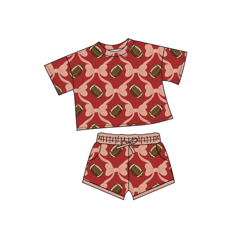 Preorder(moq 5) Baby Girls Bows Footballs Checked Top Pockets Shorts Team Clothes Sets