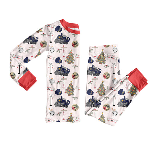Preorder (moq 20)Baby Girls Bamboo Holly Trains Western Christmas Pajamas Sets