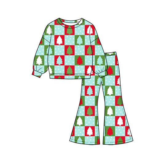 Preorder (moq 5)Baby Girls Polka Dots Trees Checked Top Flare Pant Christmas Clothes Set