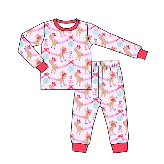 Preorder (moq 5)Baby Kids Long Sleeves Pink Bows Deer Top Pant Pajamas Set