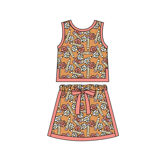 Preorder moq 5 Baby Girls Flower Pencils Vests Skirt Shorts Back to School Clothes Set