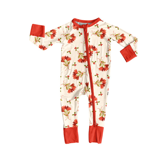 Preorder (moq 5)Baby Girls Long Ruffle Sleeves Red Bows Leaves Zipper Pant Rompers