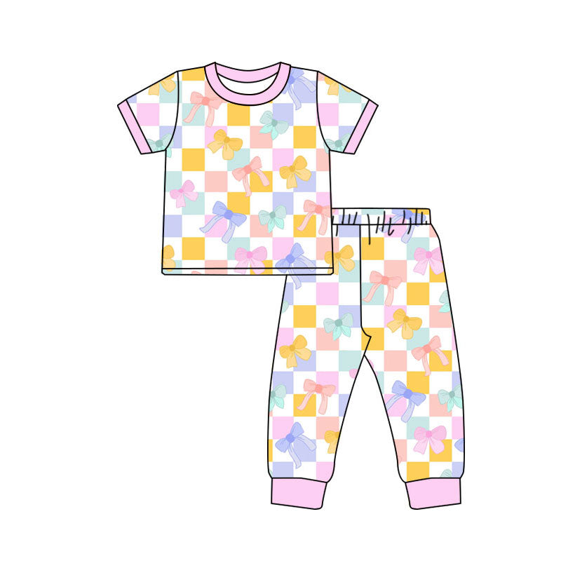 Preorder(moq 8)Baby Girls Colorful Bows Checked Top Pant Pajamas Sets