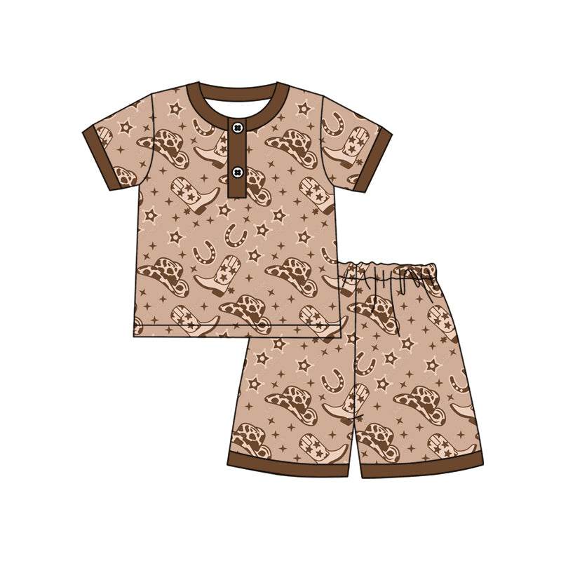 Preorder (moq 5)Baby Boys Brown Short Sleeves Boots Hats Button Top Shorts Pajamas Sets