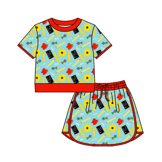 Preorder (moq 5)Baby Girls Apple Pencils Daisy Top Skirt Short Back to School Clothes Sets