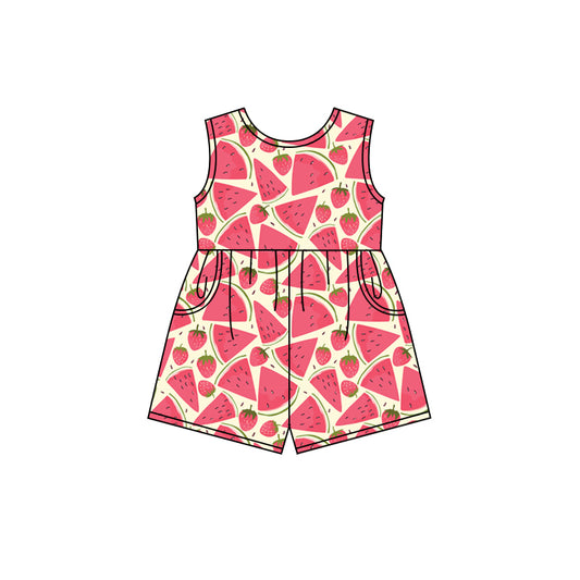 Preorder (moq 5)Baby Girls Red Wateremelon Shorts Pockets Jumpsuits