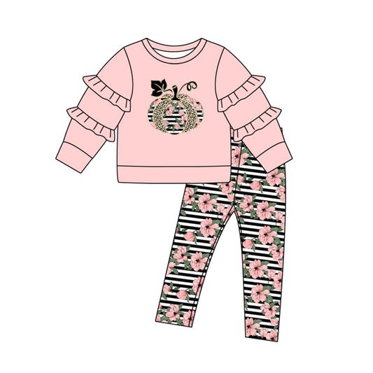 Baby Girls Pink Ruffle Pumpkin Shirt Top Flowers Legging Clothes Sets Preorder(moq 5)