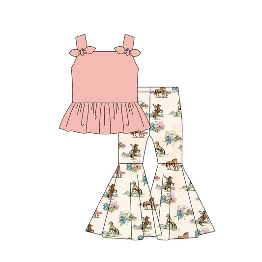 Preorder moq 5 Baby Girls Pink Strap Bows Tunic Horse Rodeos Bell Bottom Pants Set