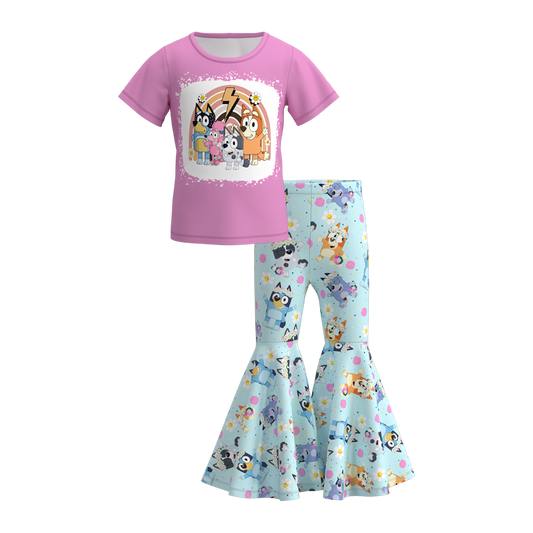 Baby Girls Dog Rainbow Shirt Bell Bottom Pants Outfits Sets Preorder(moq 5)