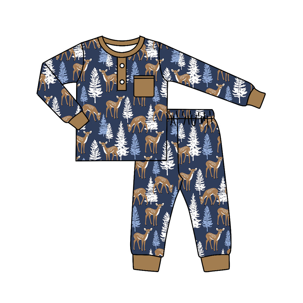 Baby Boys Christmas Tree Deer Top Pants Pajamas Clothes Sets Preorder(moq 5)