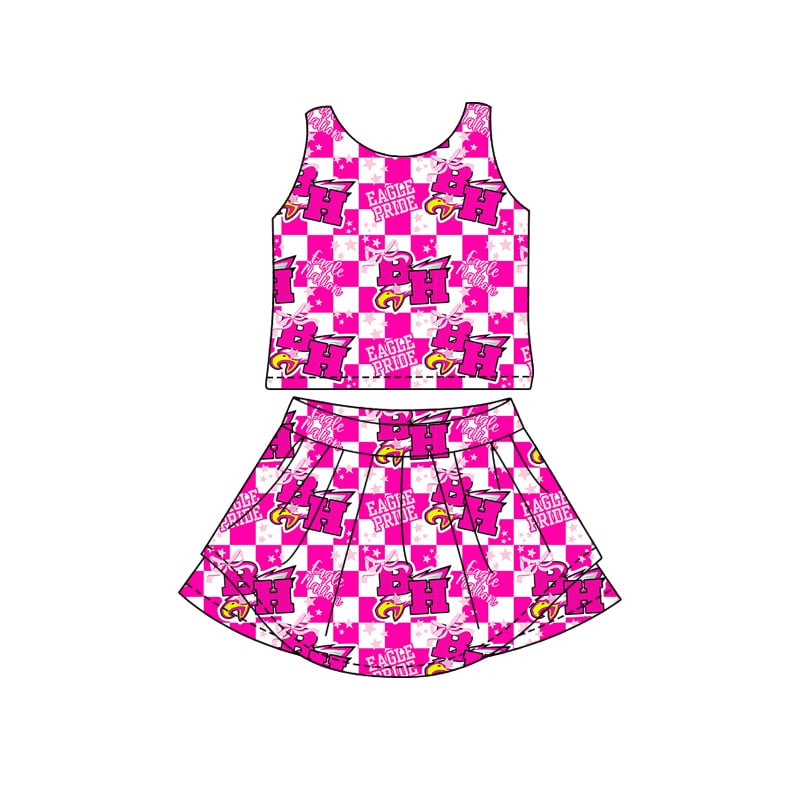 Preorder (moq 8)Baby Girls Pink Bows Eagle team Top Skirt Skort Sets