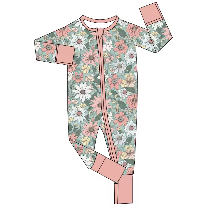 Baby Infant Girls Flowers Pink Zip Long Sleeve Rompers preorder(moq 5)