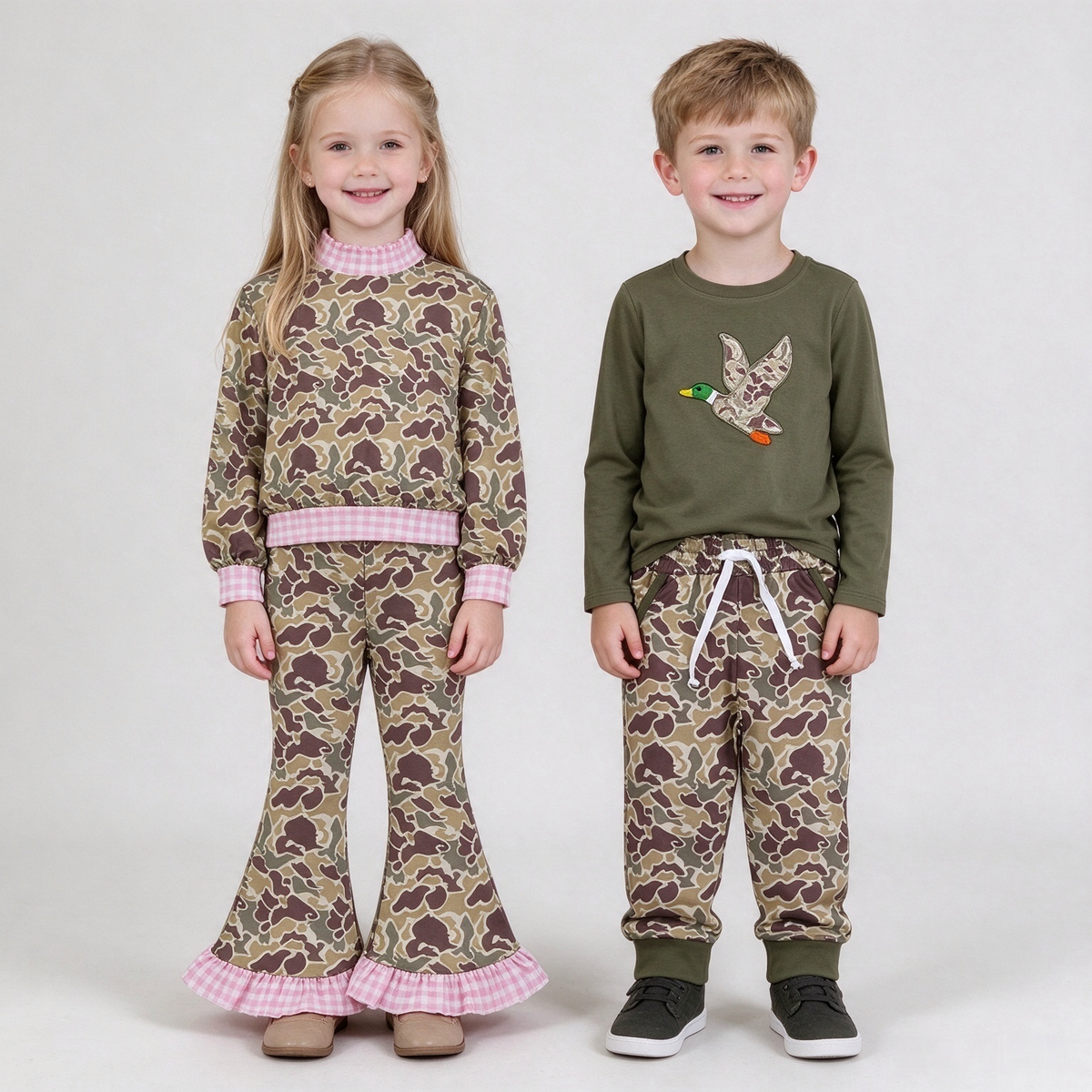 Sibling Baby Boys Girls Camo Ducks Top Pockets Jogger Pants Clothes Sets