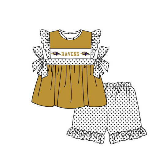 Preorder (moq 5)Baby Girls Flutter Sleeve Ravens Tunic Polka Dots Ruffle Shorts Team Clothes Sets