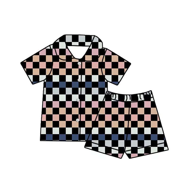 Baby Boys Checkered Western Buttons Shirt Shorts Pajamas Clothing Sets Preorder(moq 5)