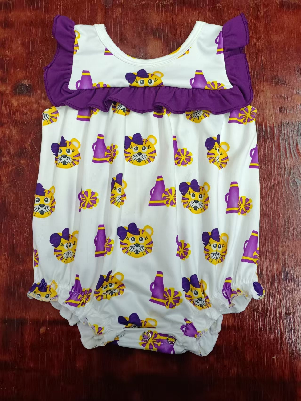 Preorder moq 5 Baby Girls Sleeveless Tigers Cheer Ruffle Rompers