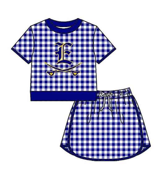 Preorder (moq 5)Baby Girls Blue Checked Evadale Rebels Top Skirt Short Team Clothes Set
