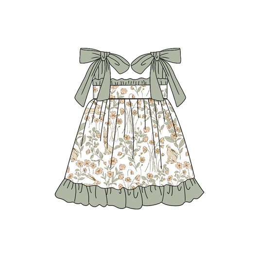 Preorder (moq 5)Baby Girls Easter Rabbits Flowers Straps Knee Length Dresses