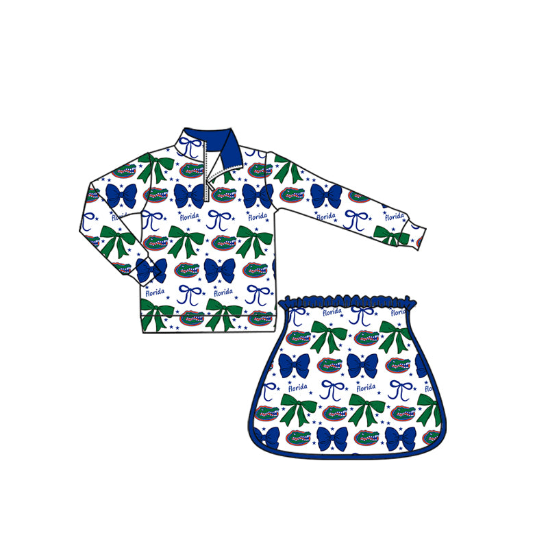 Preorder (moq 5)Baby Girls Green Florida Bows Team Zip Pullovers Skort Team Clothes Sets