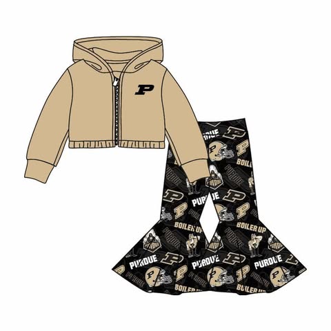 Preorder(moq 5) Baby Girls Purdue Team Hooded Shirts Top Bell Pants Clothes Sets
