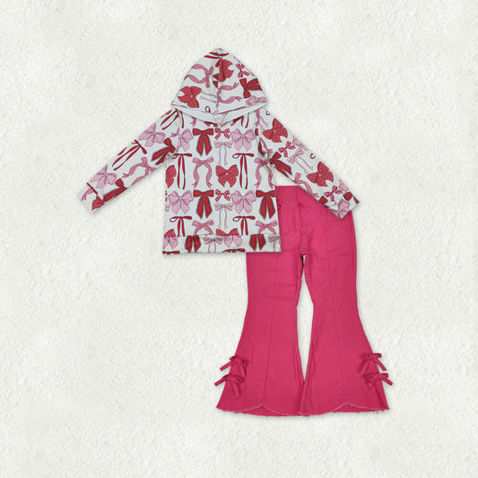 Baby Girls Long Sleeve Pink Bows Plaid Hoodies Denim Bell Bottom Pants Clothes Sets