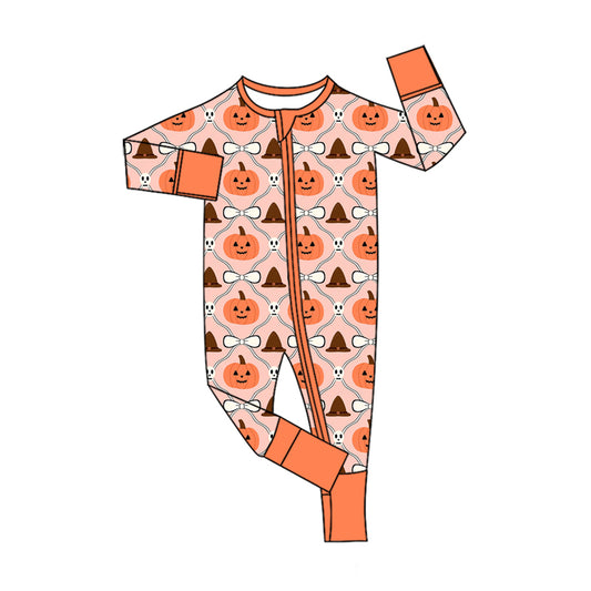 Preorder (moq 5)Baby Girls Ghosts Bows Pumpkins Halloween Two Way Zip Convertible Rompers