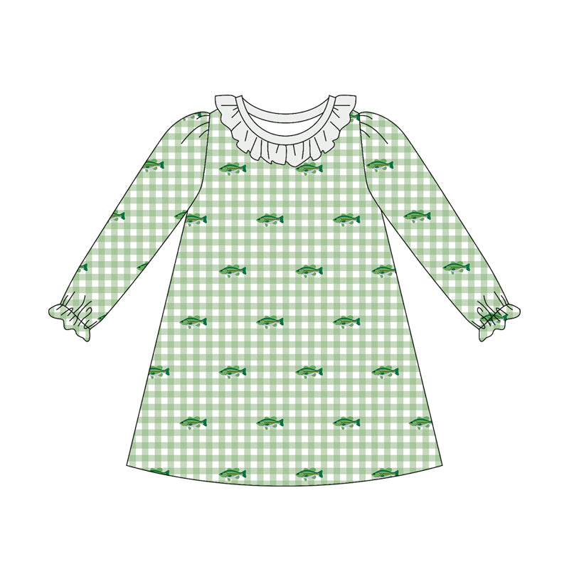 Preorder (moq 5)Baby Girls Long Ruffle Sleeve Fishes Checked Hunting Knee Length Dress