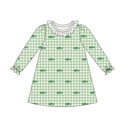 Preorder (moq 5)Baby Girls Long Ruffle Sleeve Fishes Checked Hunting Knee Length Dress