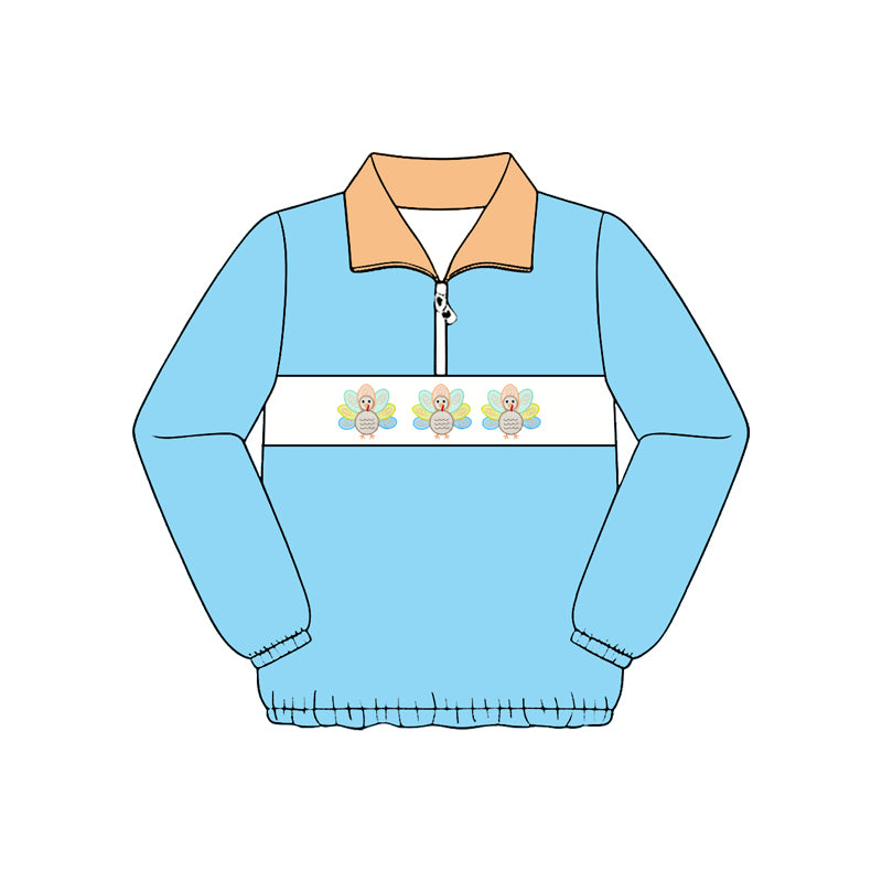 Preorder (moq 5)Baby Boys Blue Long Sleeve Turkey Thanksgiving Zip Pullovers Top